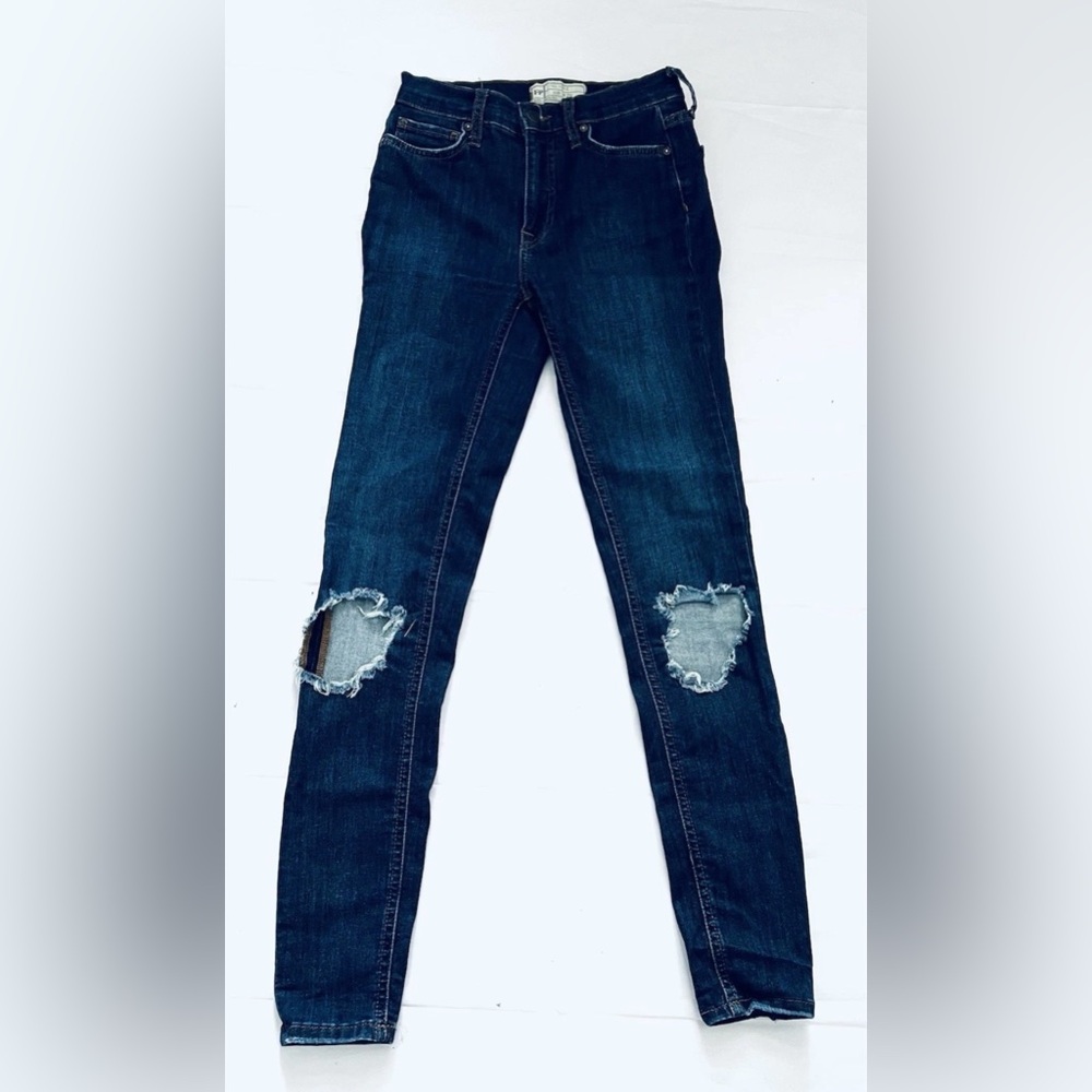 Free People Jeans Women's 25 X 28 Blue Skinny Distressed Mid Rise Stretch Denim